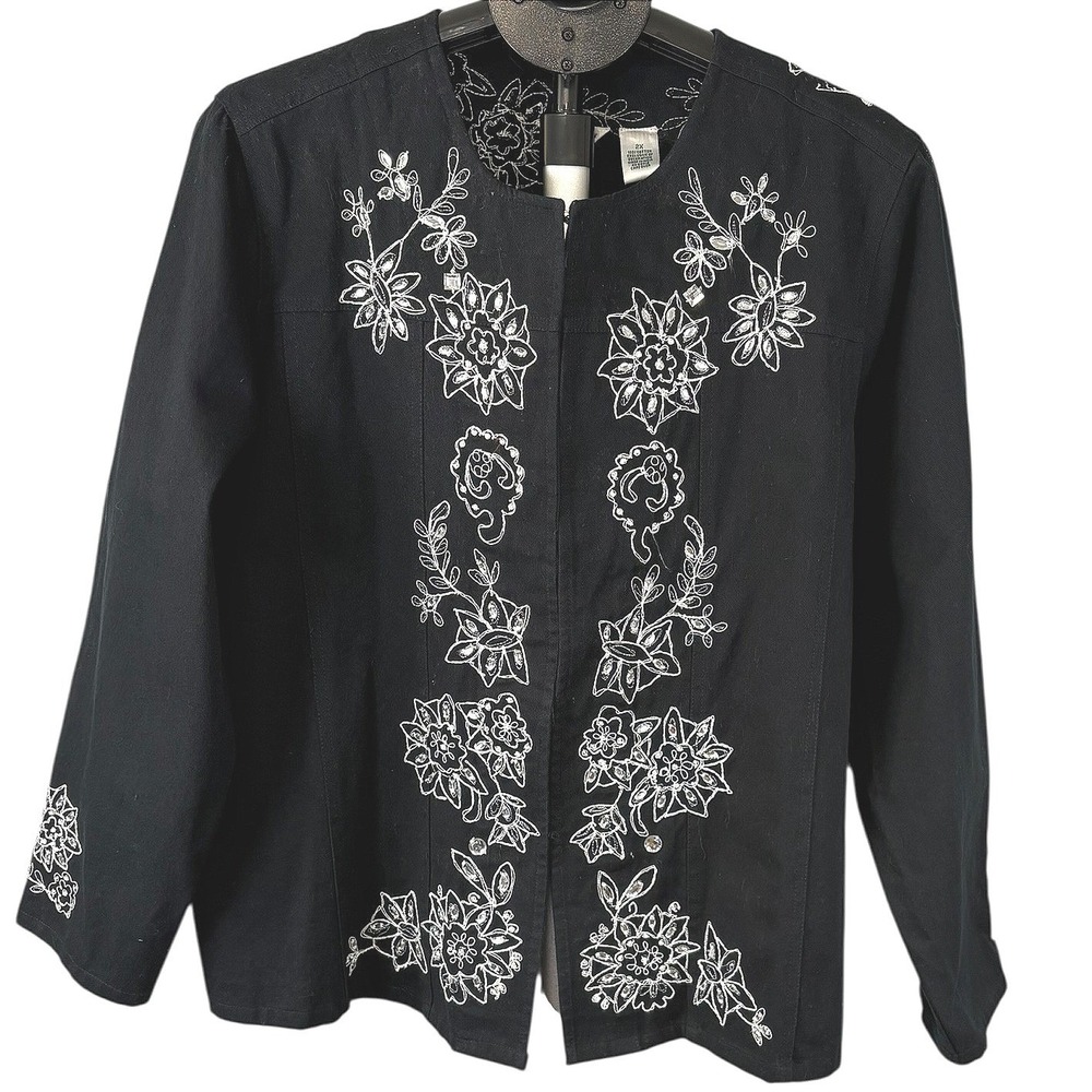 Laura Ashley Woman Black Cotton Embroidered Sequin Floral Jacket Plus Size 2X‎